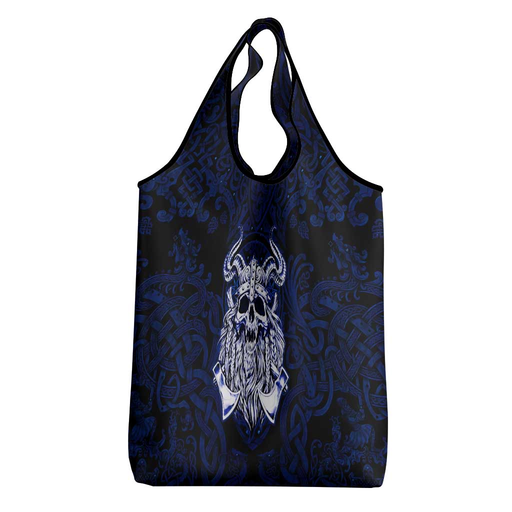Vikings Skull Grocery Bag with Horned Helmet, Blue Axes and Runes Norse Warrior Tribute - Wonder Print Shop