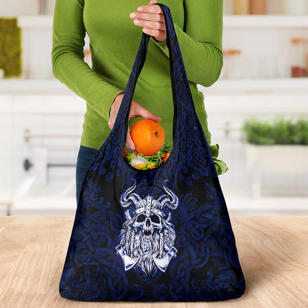 Vikings Skull Grocery Bag with Horned Helmet, Blue Axes and Runes Norse Warrior Tribute - Wonder Print Shop