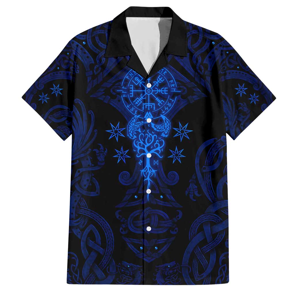 Vikings Skull Hawaiian Shirt with Horned Helmet, Blue Axes and Runes Norse Warrior Tribute - Wonder Print Shop