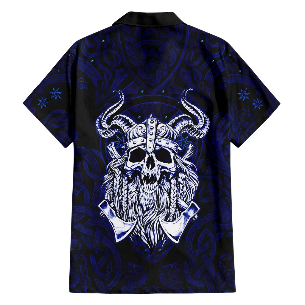 Vikings Skull Hawaiian Shirt with Horned Helmet, Blue Axes and Runes Norse Warrior Tribute - Wonder Print Shop