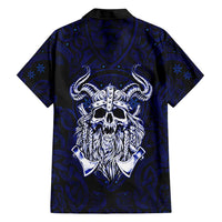 Vikings Skull Hawaiian Shirt with Horned Helmet, Blue Axes and Runes Norse Warrior Tribute - Wonder Print Shop