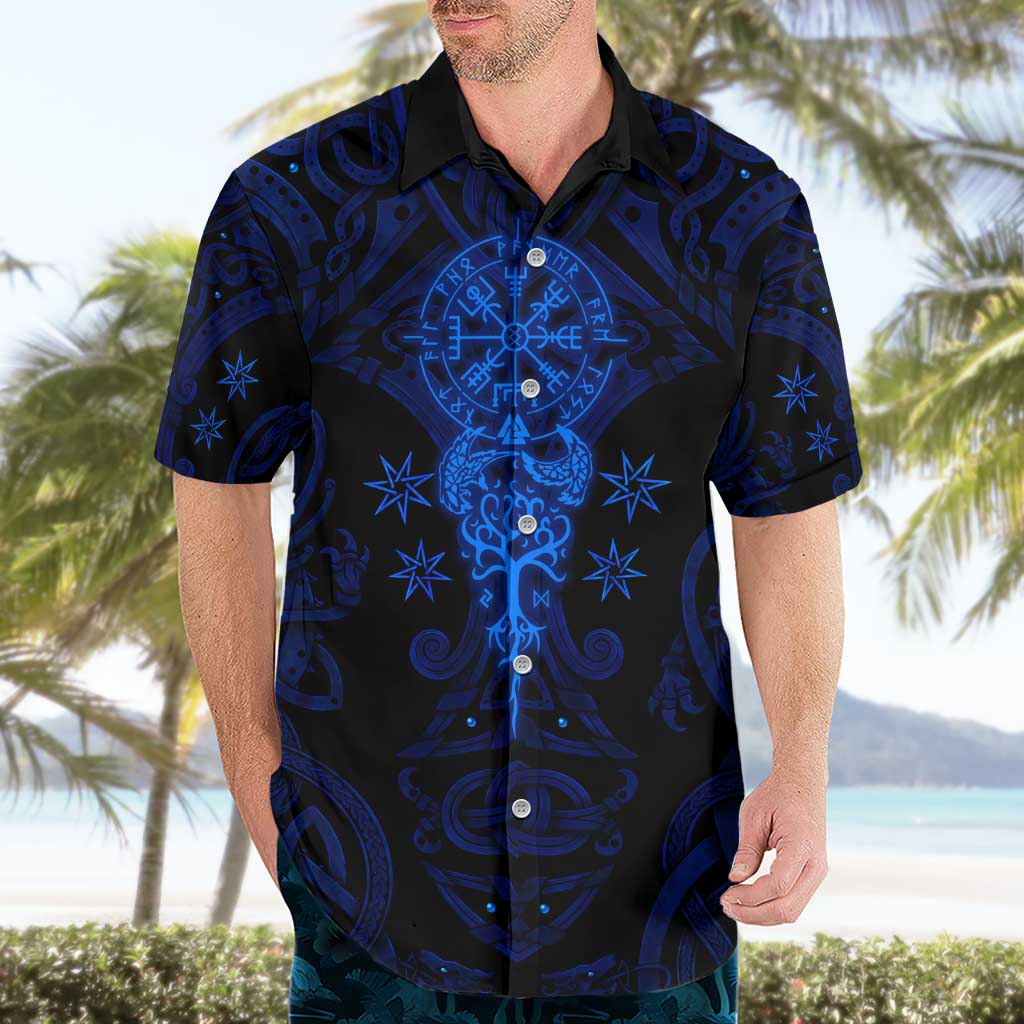 Vikings Skull Hawaiian Shirt with Horned Helmet, Blue Axes and Runes Norse Warrior Tribute - Wonder Print Shop