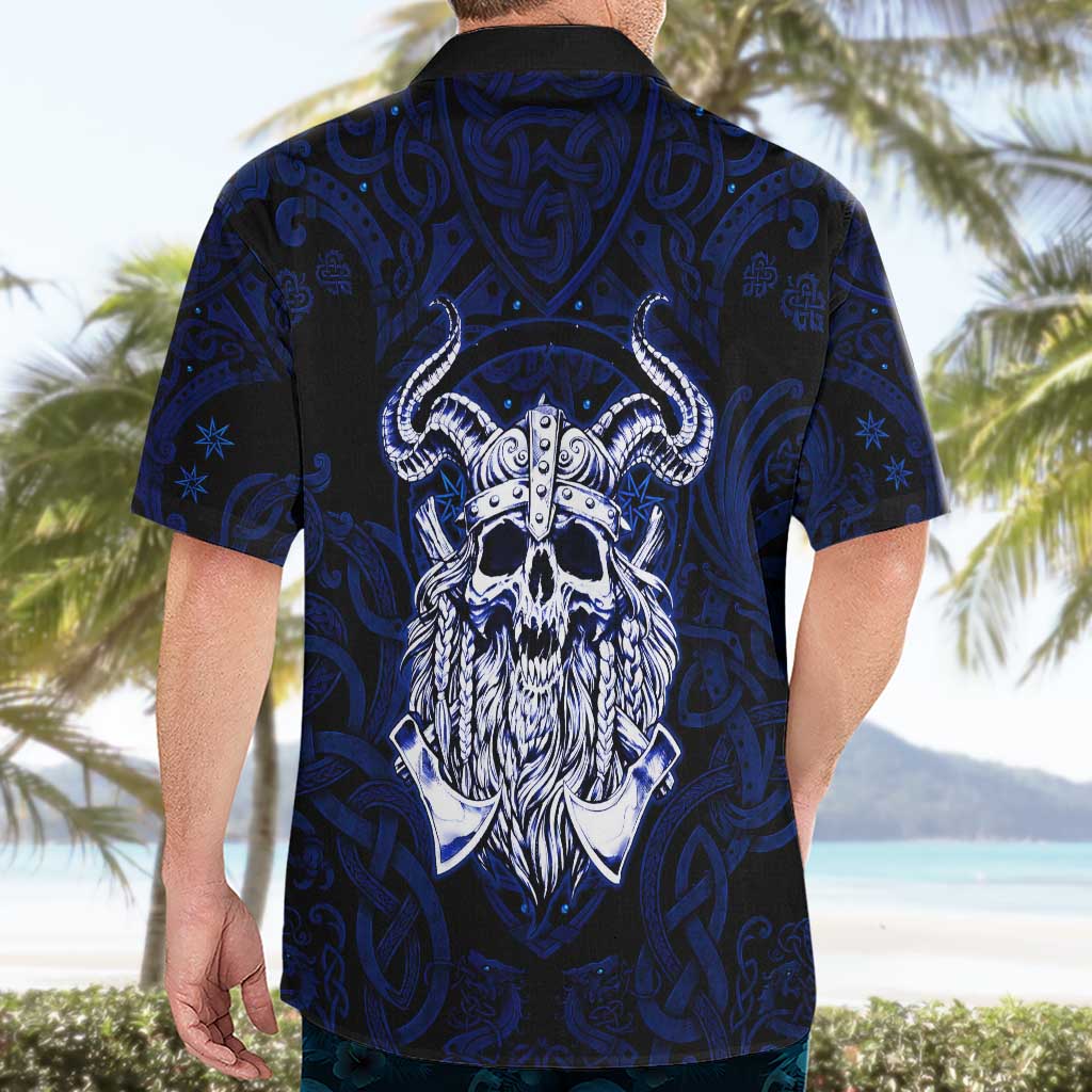 Vikings Skull Hawaiian Shirt with Horned Helmet, Blue Axes and Runes Norse Warrior Tribute - Wonder Print Shop