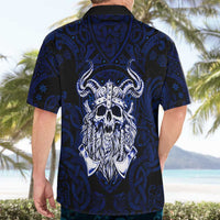 Vikings Skull Hawaiian Shirt with Horned Helmet, Blue Axes and Runes Norse Warrior Tribute - Wonder Print Shop