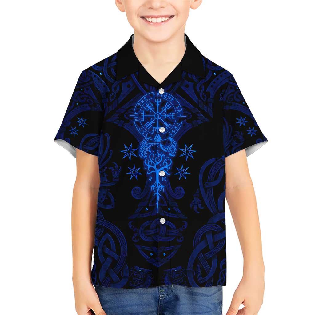 Vikings Skull Hawaiian Shirt with Horned Helmet, Blue Axes and Runes Norse Warrior Tribute - Wonder Print Shop