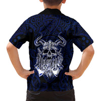 Vikings Skull Hawaiian Shirt with Horned Helmet, Blue Axes and Runes Norse Warrior Tribute - Wonder Print Shop