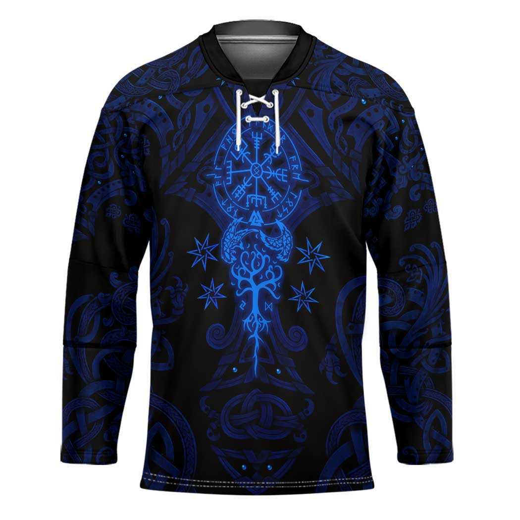 Vikings Skull Hockey Jersey with Horned Helmet, Blue Axes and Runes Norse Warrior Tribute - Wonder Print Shop