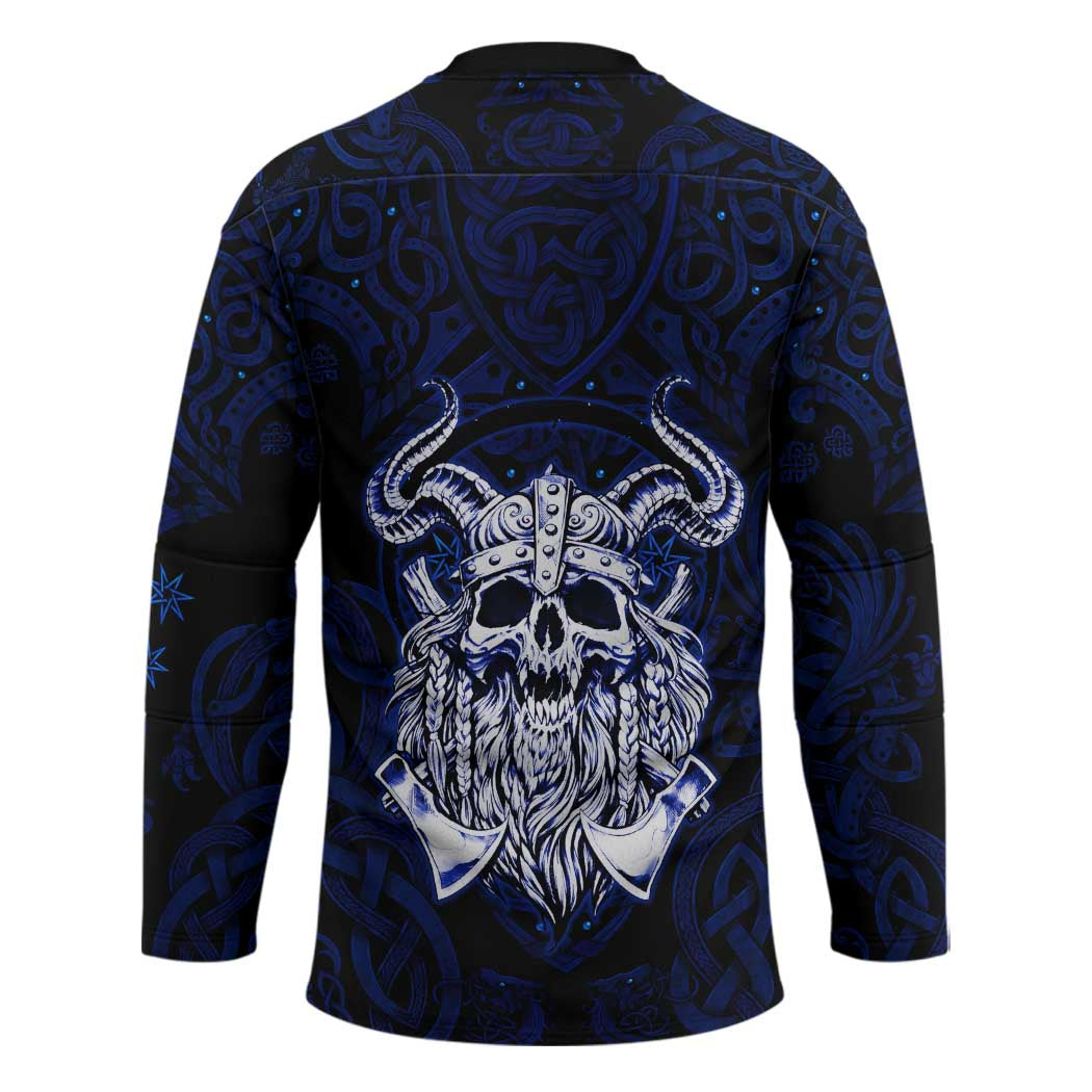 Vikings Skull Hockey Jersey with Horned Helmet, Blue Axes and Runes Norse Warrior Tribute - Wonder Print Shop