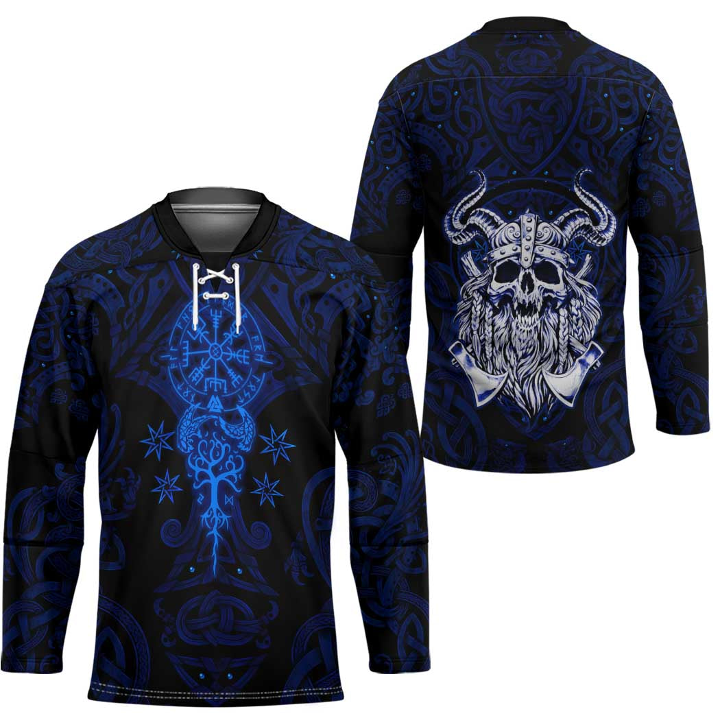 Vikings Skull Hockey Jersey with Horned Helmet, Blue Axes and Runes Norse Warrior Tribute - Wonder Print Shop