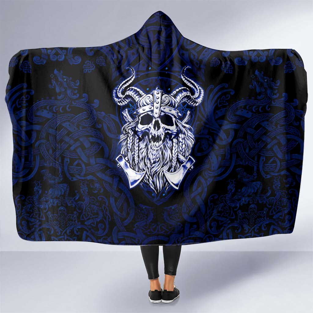 Vikings Skull Hooded Blanket with Horned Helmet, Blue Axes and Runes Norse Warrior Tribute - Wonder Print Shop