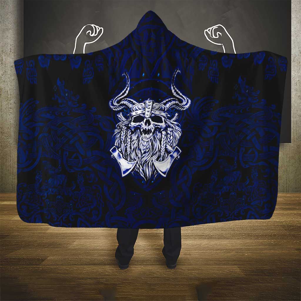 Vikings Skull Hooded Blanket with Horned Helmet, Blue Axes and Runes Norse Warrior Tribute - Wonder Print Shop