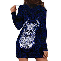 Vikings Skull Hoodie Dress with Horned Helmet, Blue Axes and Runes Norse Warrior Tribute - Wonder Print Shop