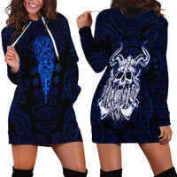 Vikings Skull Hoodie Dress with Horned Helmet, Blue Axes and Runes Norse Warrior Tribute - Wonder Print Shop