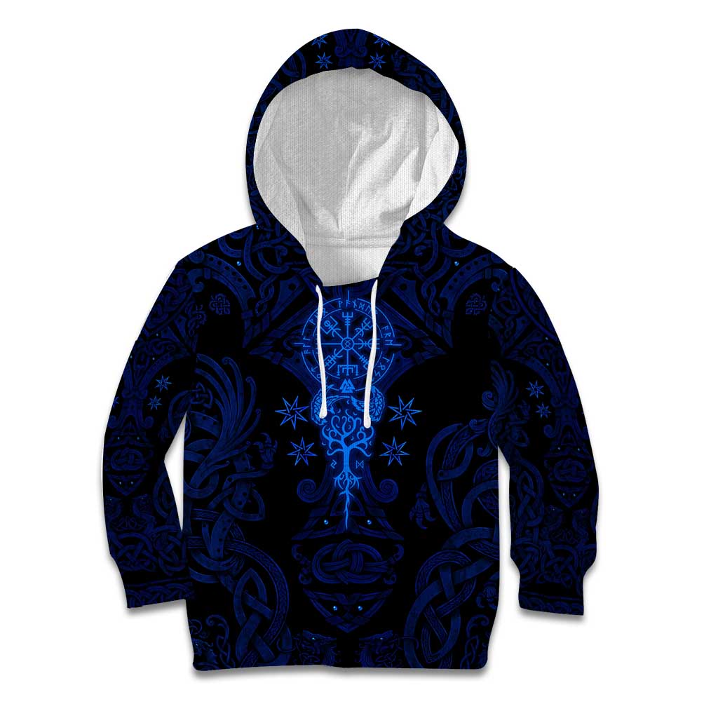 Vikings Skull Kid Hoodie with Horned Helmet, Blue Axes and Runes Norse Warrior Tribute - Wonder Print Shop