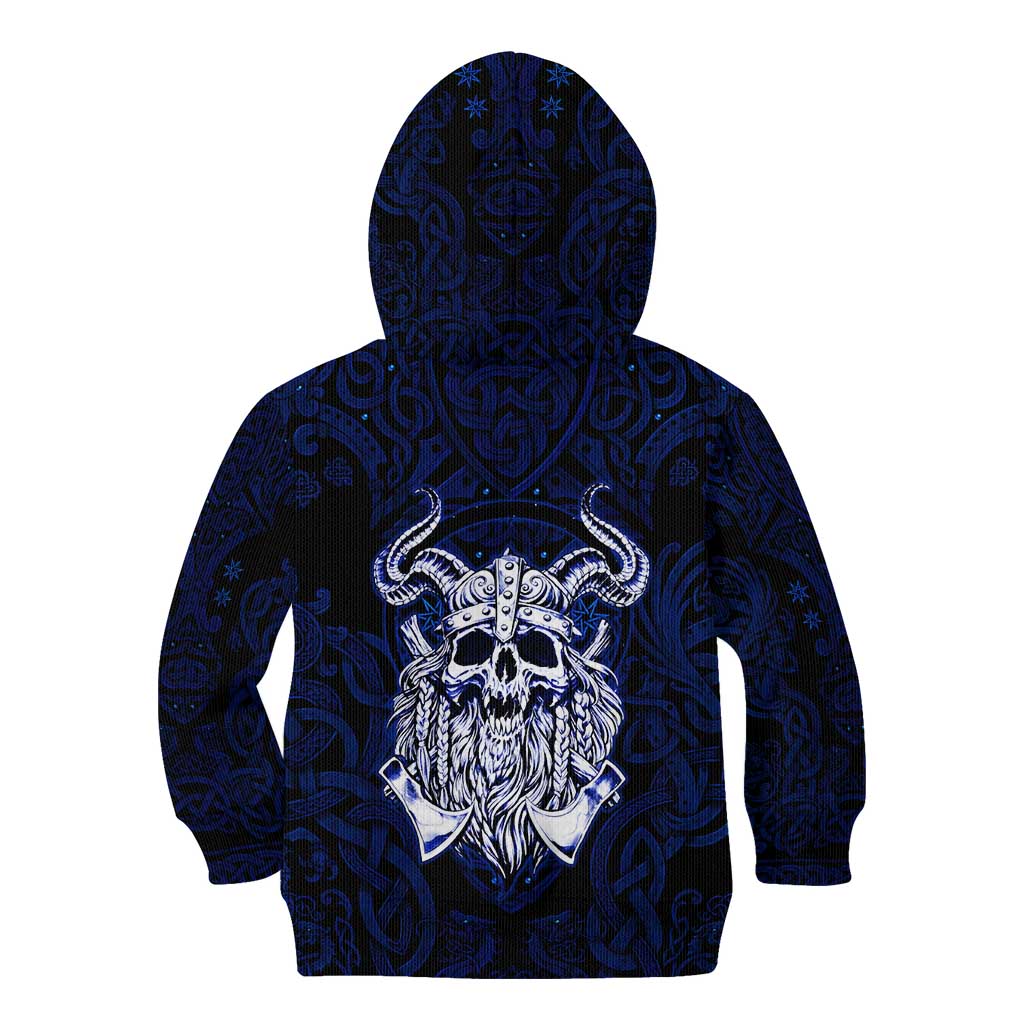 Vikings Skull Kid Hoodie with Horned Helmet, Blue Axes and Runes Norse Warrior Tribute - Wonder Print Shop