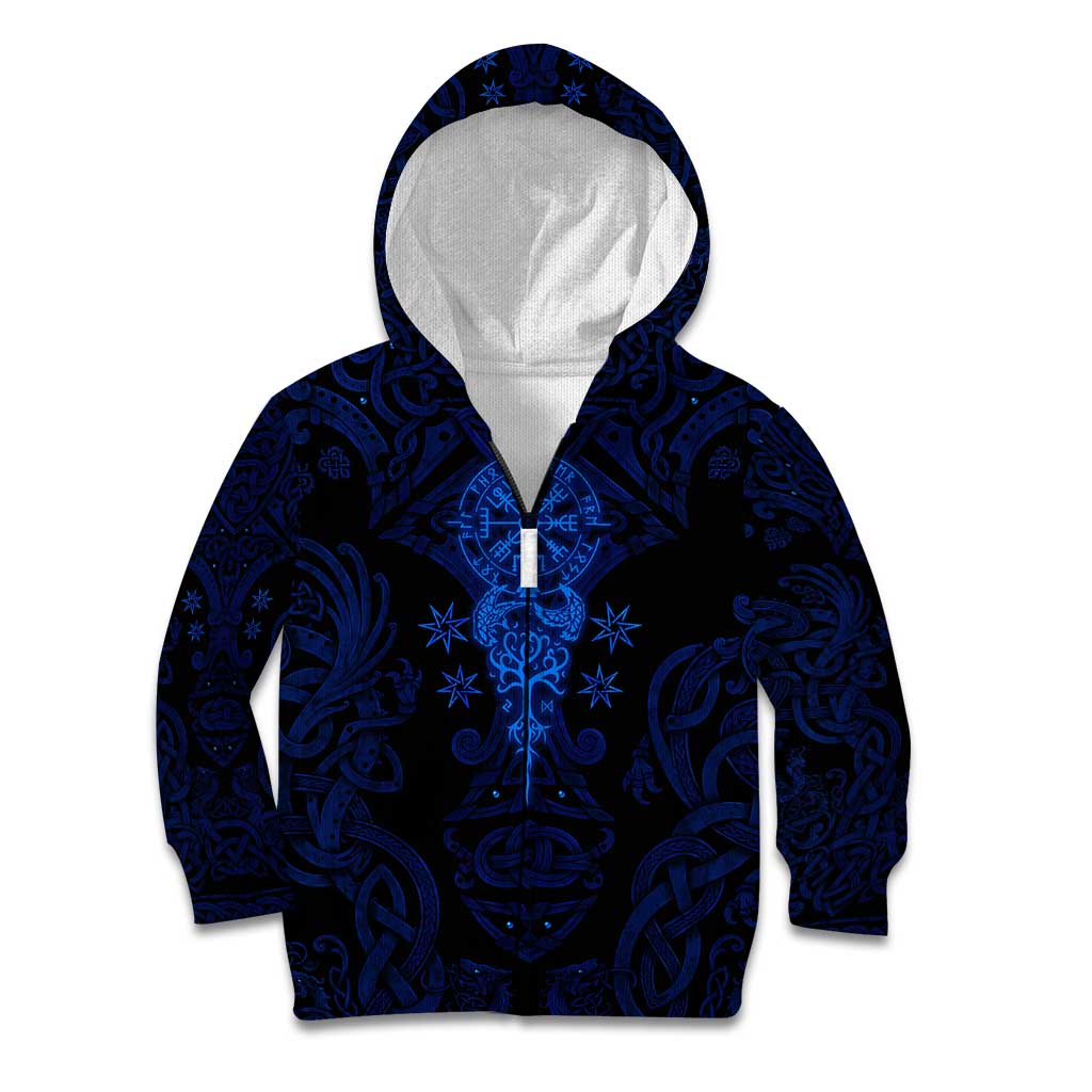 Vikings Skull Kid Hoodie with Horned Helmet, Blue Axes and Runes Norse Warrior Tribute - Wonder Print Shop