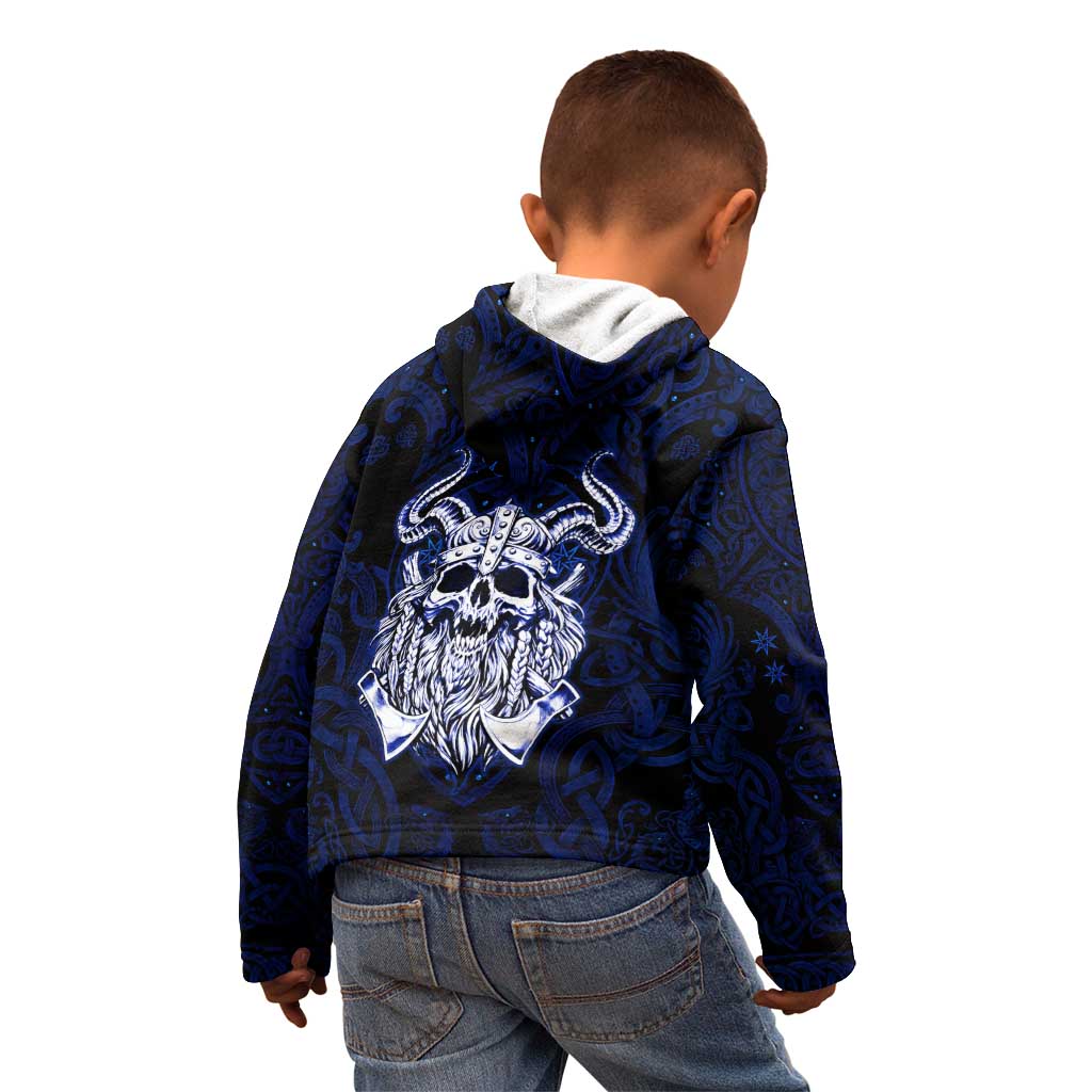 Vikings Skull Kid Hoodie with Horned Helmet, Blue Axes and Runes Norse Warrior Tribute - Wonder Print Shop