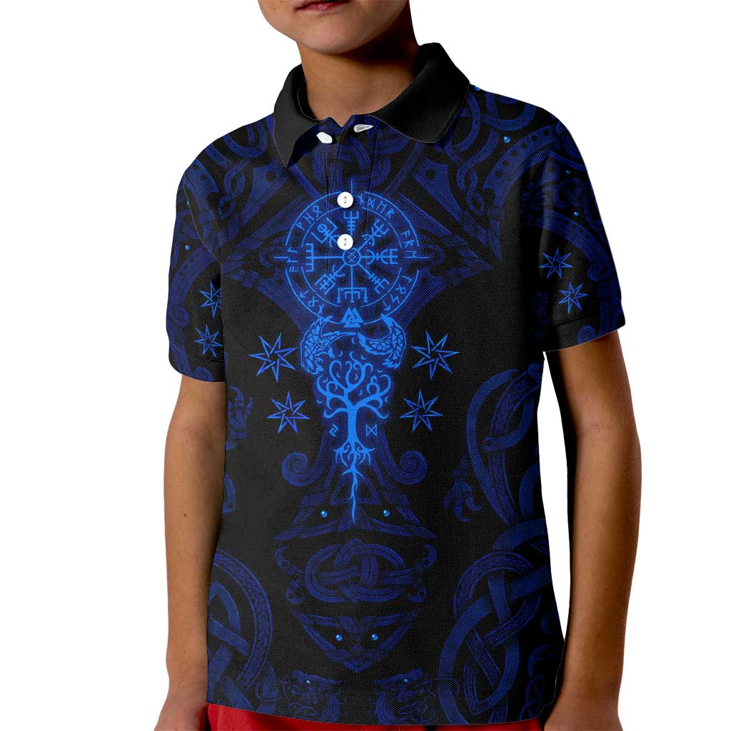Vikings Skull Kid Polo Shirt with Horned Helmet, Blue Axes and Runes Norse Warrior Tribute - Wonder Print Shop