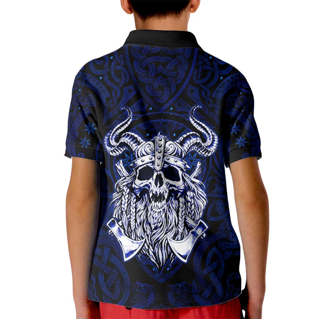 Vikings Skull Kid Polo Shirt with Horned Helmet, Blue Axes and Runes Norse Warrior Tribute - Wonder Print Shop