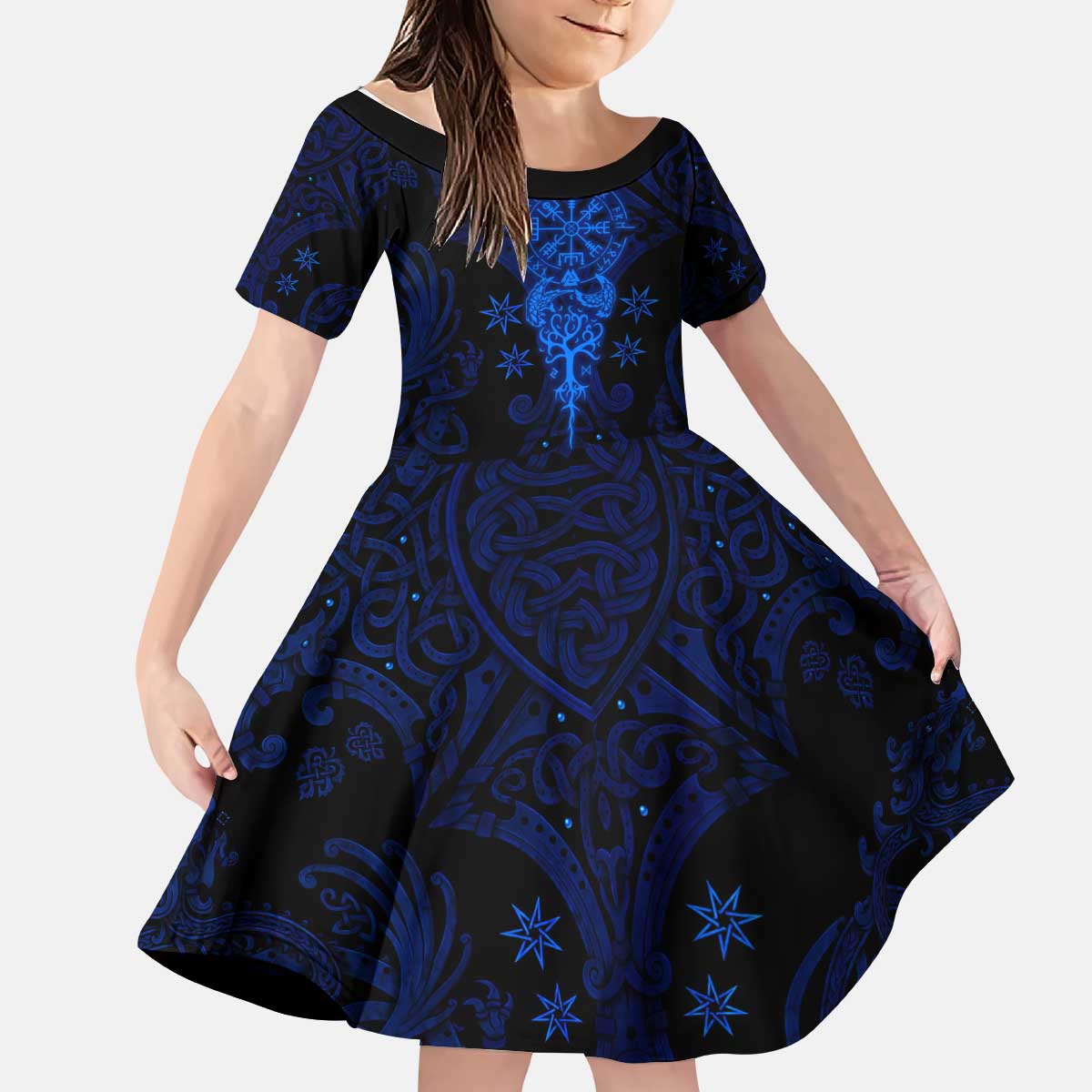 Vikings Skull Kid Short Sleeve Dress with Horned Helmet, Blue Axes and Runes Norse Warrior Tribute - Wonder Print Shop