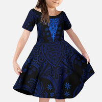 Vikings Skull Kid Short Sleeve Dress with Horned Helmet, Blue Axes and Runes Norse Warrior Tribute - Wonder Print Shop