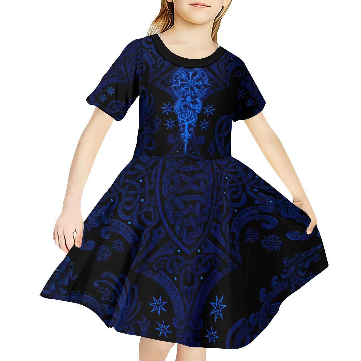 Vikings Skull Kid Short Sleeve Dress with Horned Helmet, Blue Axes and Runes Norse Warrior Tribute - Wonder Print Shop