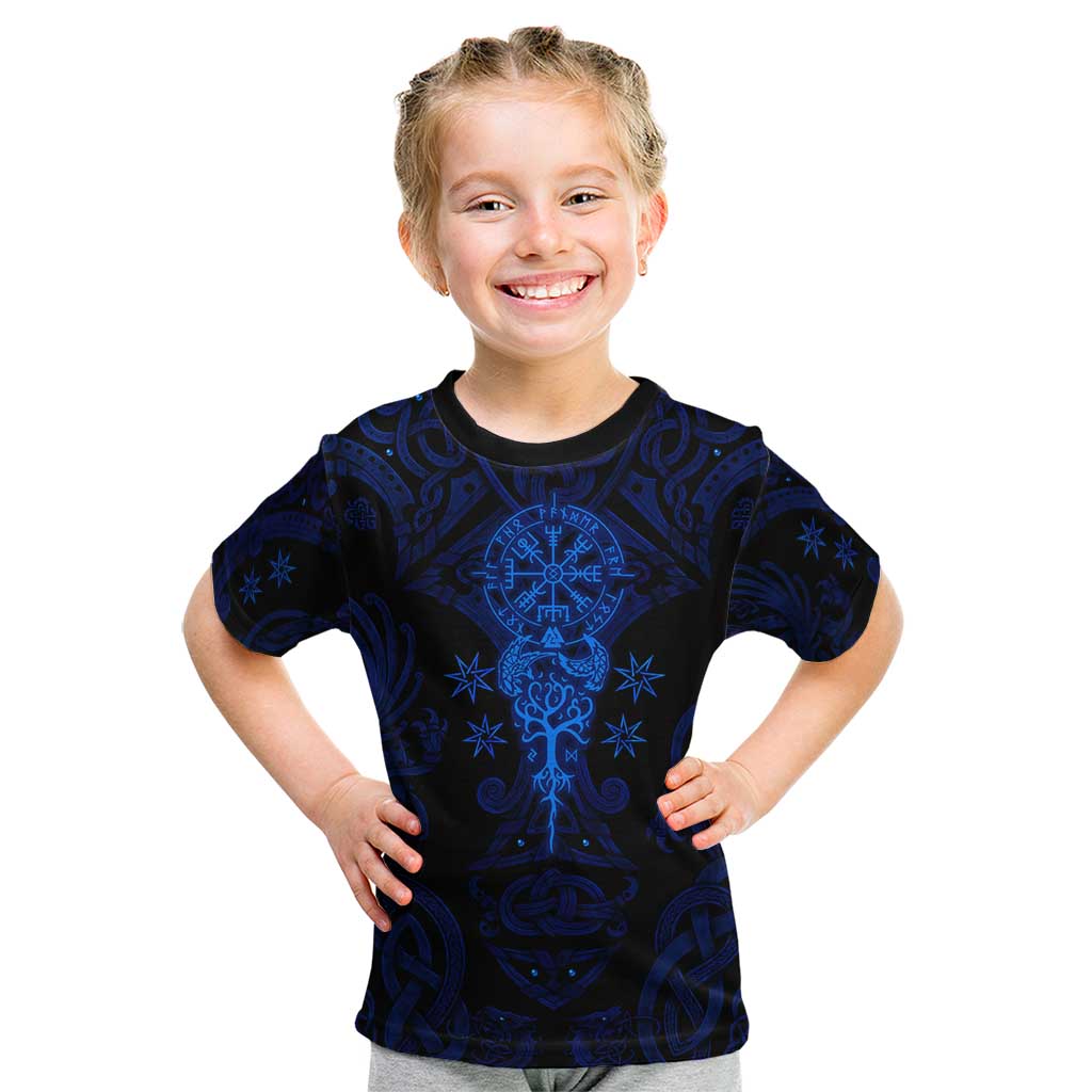 Vikings Skull Kid T Shirt with Horned Helmet, Blue Axes and Runes Norse Warrior Tribute - Wonder Print Shop