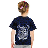 Vikings Skull Kid T Shirt with Horned Helmet, Blue Axes and Runes Norse Warrior Tribute - Wonder Print Shop