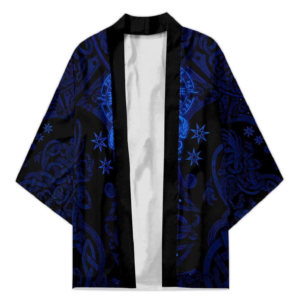 Vikings Skull Kimono with Horned Helmet, Blue Axes and Runes Norse Warrior Tribute - Wonder Print Shop