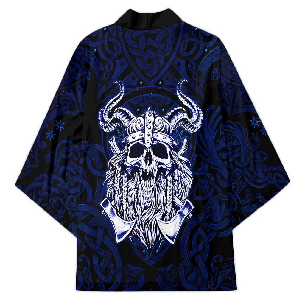 Vikings Skull Kimono with Horned Helmet, Blue Axes and Runes Norse Warrior Tribute - Wonder Print Shop