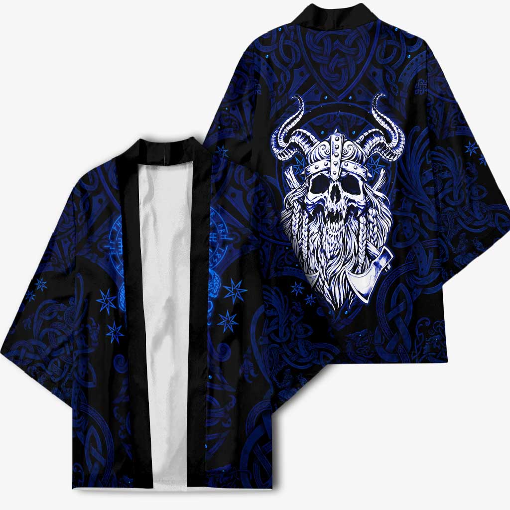 Vikings Skull Kimono with Horned Helmet, Blue Axes and Runes Norse Warrior Tribute - Wonder Print Shop