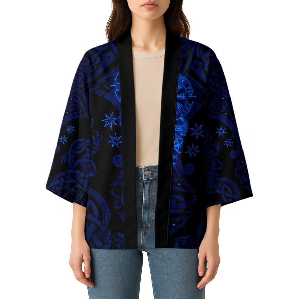 Vikings Skull Kimono with Horned Helmet, Blue Axes and Runes Norse Warrior Tribute - Wonder Print Shop