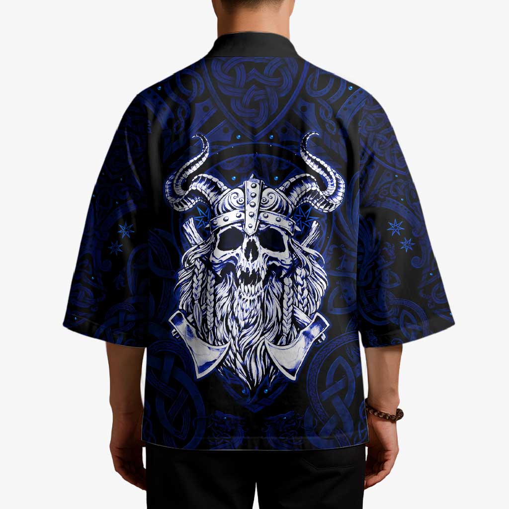Vikings Skull Kimono with Horned Helmet, Blue Axes and Runes Norse Warrior Tribute - Wonder Print Shop
