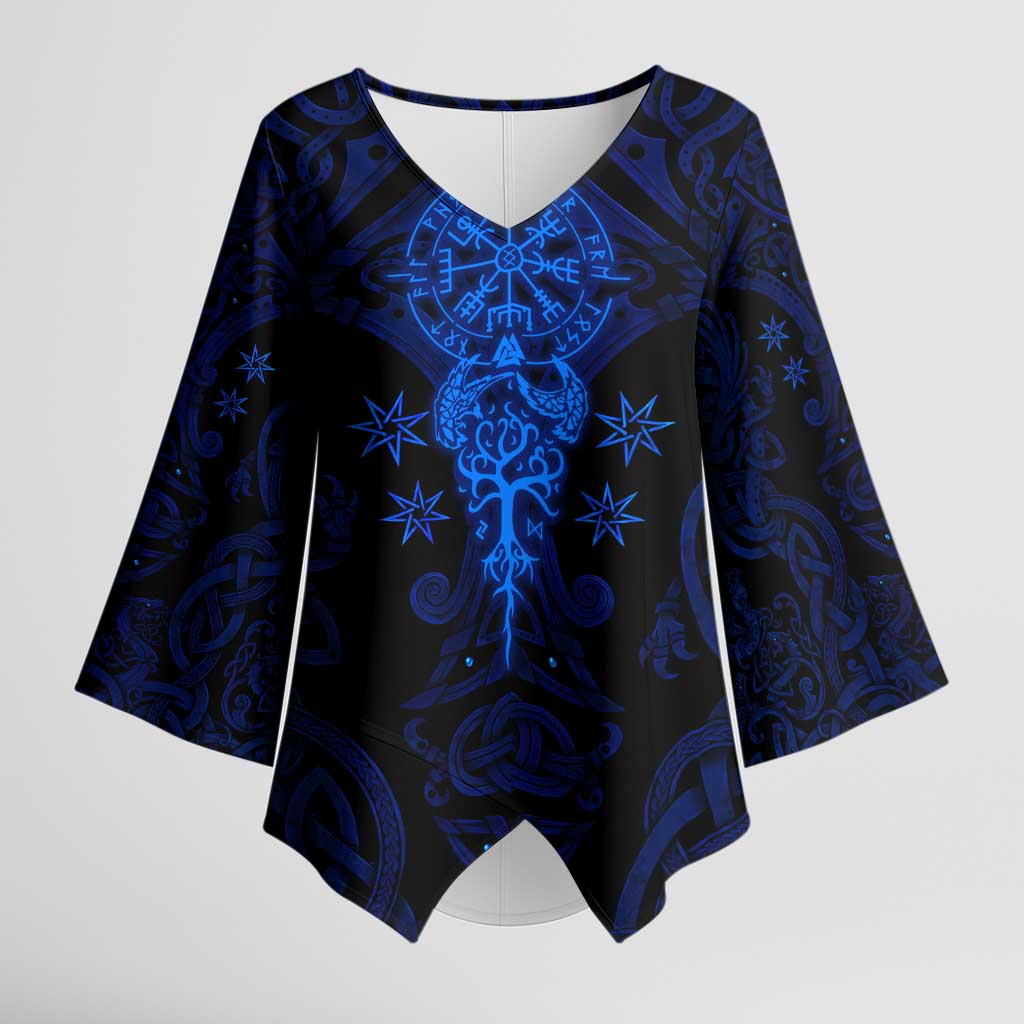 Vikings Skull Kimono Sleeve Blouse with Horned Helmet, Blue Axes and Runes Norse Warrior Tribute - Wonder Print Shop