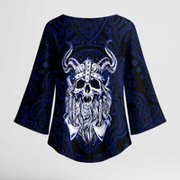 Vikings Skull Kimono Sleeve Blouse with Horned Helmet, Blue Axes and Runes Norse Warrior Tribute - Wonder Print Shop