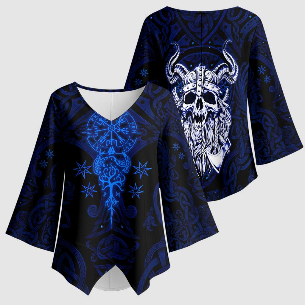 Vikings Skull Kimono Sleeve Blouse with Horned Helmet, Blue Axes and Runes Norse Warrior Tribute - Wonder Print Shop