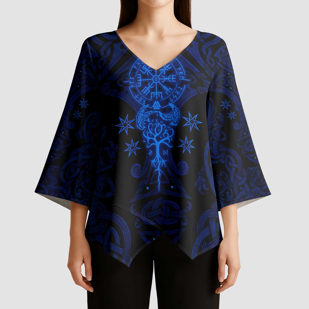 Vikings Skull Kimono Sleeve Blouse with Horned Helmet, Blue Axes and Runes Norse Warrior Tribute - Wonder Print Shop