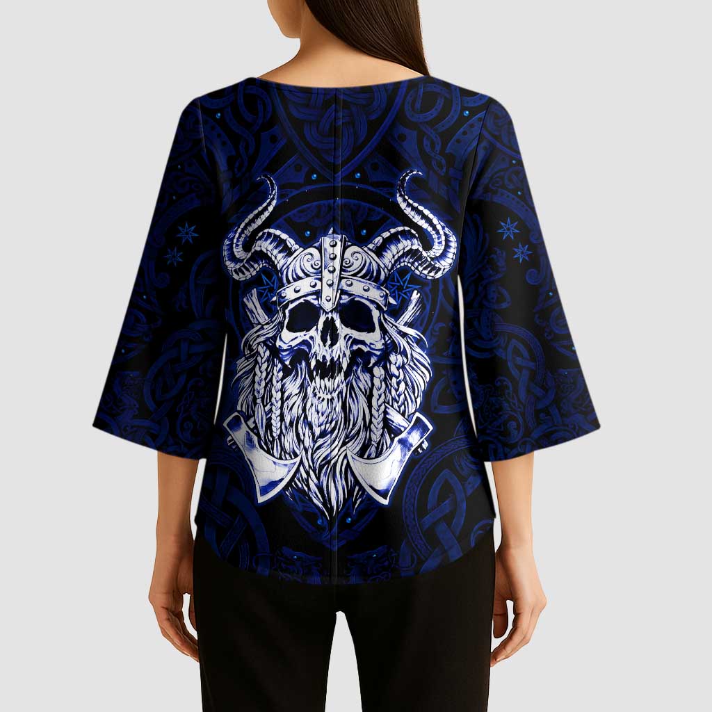 Vikings Skull Kimono Sleeve Blouse with Horned Helmet, Blue Axes and Runes Norse Warrior Tribute - Wonder Print Shop
