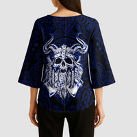 Vikings Skull Kimono Sleeve Blouse with Horned Helmet, Blue Axes and Runes Norse Warrior Tribute - Wonder Print Shop