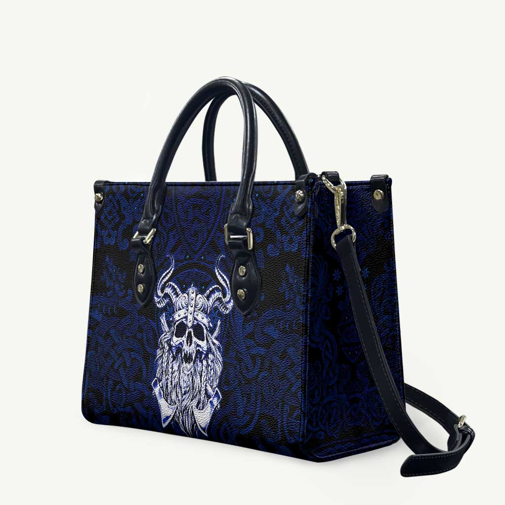 Vikings Skull Leather Bag with Horned Helmet, Blue Axes and Runes Norse Warrior Tribute - Wonder Print Shop