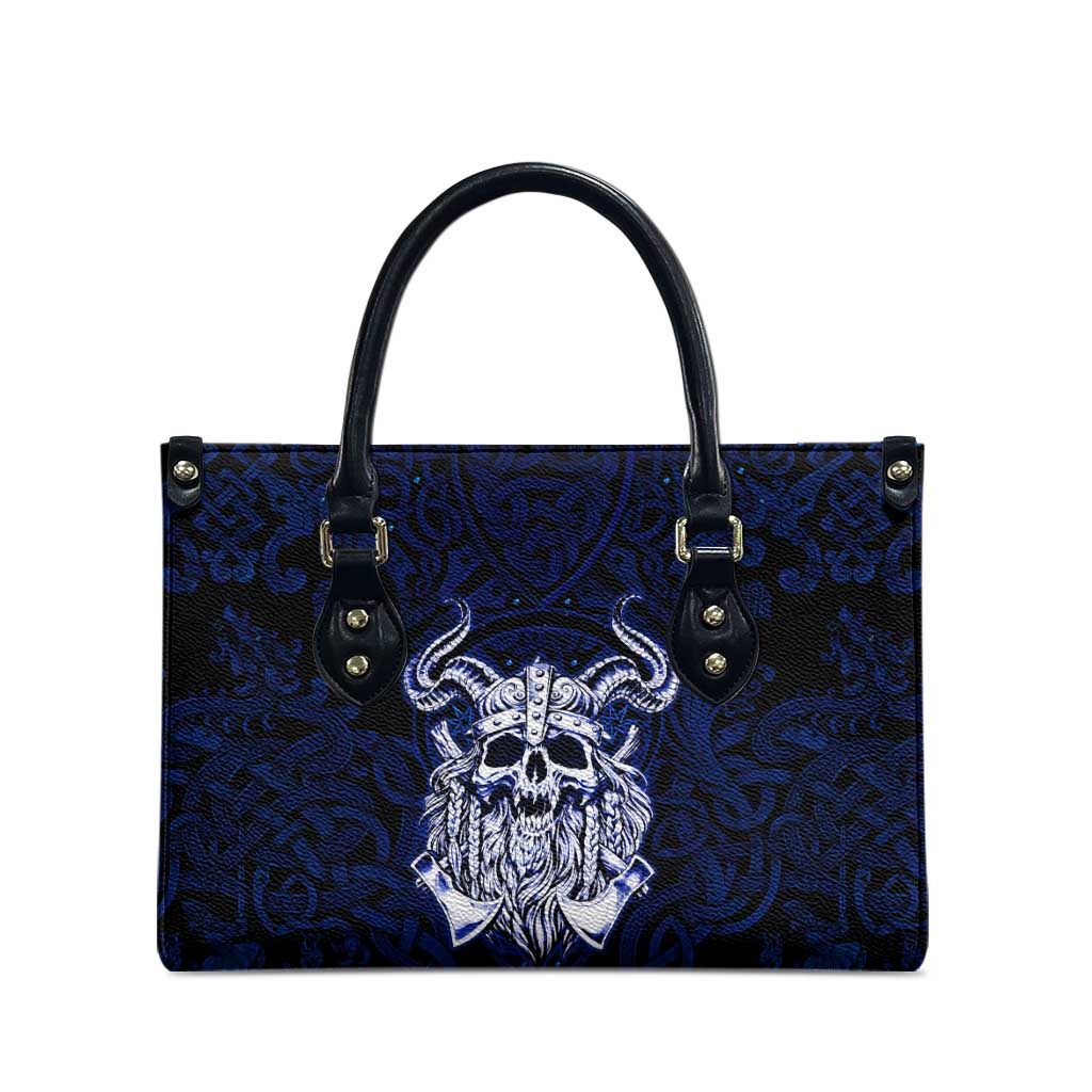 Vikings Skull Leather Bag with Horned Helmet, Blue Axes and Runes Norse Warrior Tribute - Wonder Print Shop