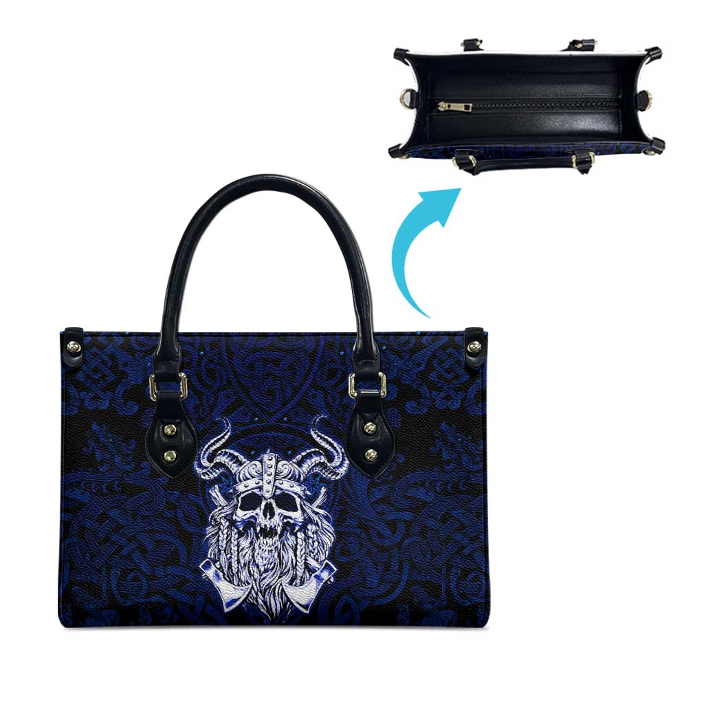 Vikings Skull Leather Bag with Horned Helmet, Blue Axes and Runes Norse Warrior Tribute - Wonder Print Shop