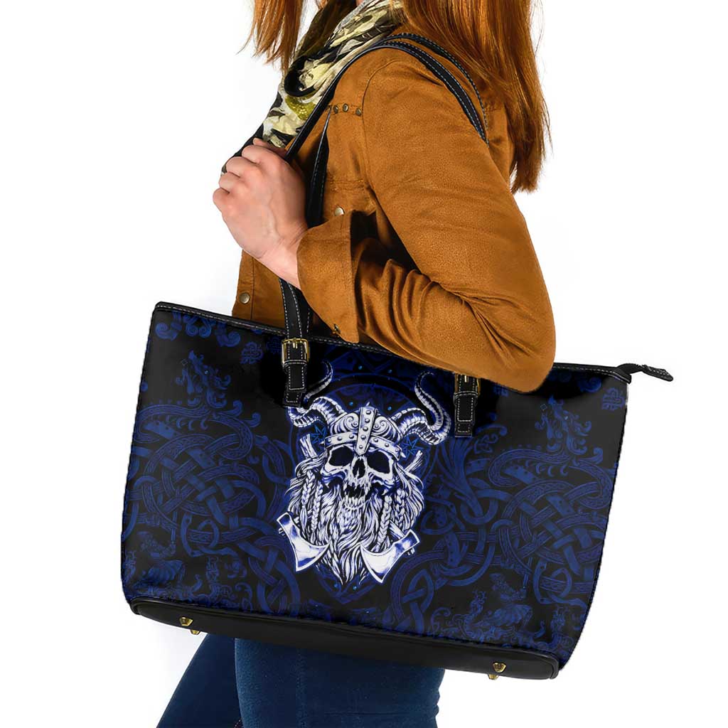 Vikings Skull Leather Tote Bag with Horned Helmet, Blue Axes and Runes Norse Warrior Tribute - Wonder Print Shop