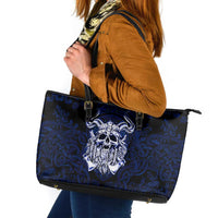 Vikings Skull Leather Tote Bag with Horned Helmet, Blue Axes and Runes Norse Warrior Tribute - Wonder Print Shop