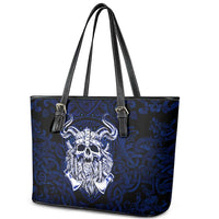 Vikings Skull Leather Tote Bag with Horned Helmet, Blue Axes and Runes Norse Warrior Tribute - Wonder Print Shop