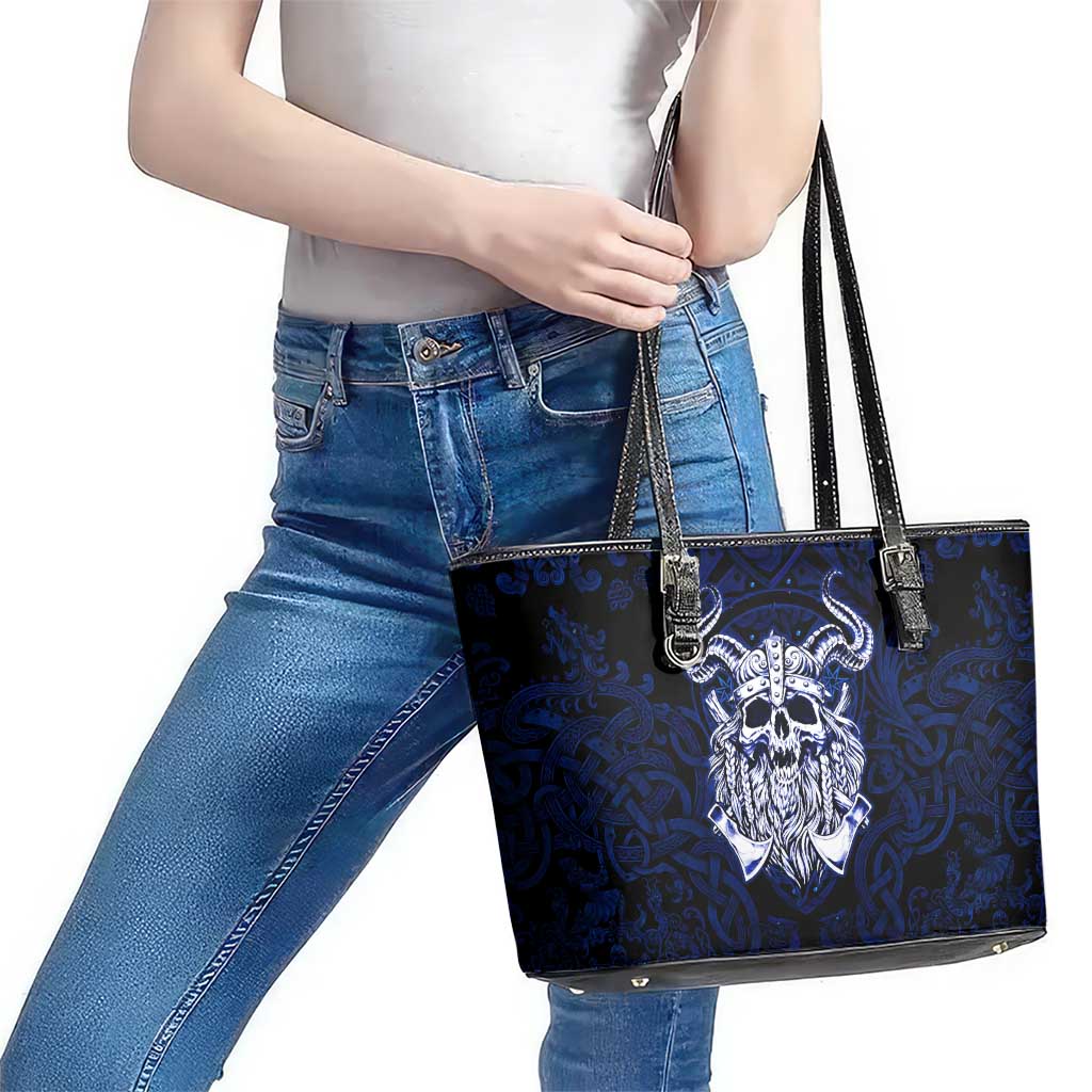 Vikings Skull Leather Tote Bag with Horned Helmet, Blue Axes and Runes Norse Warrior Tribute - Wonder Print Shop