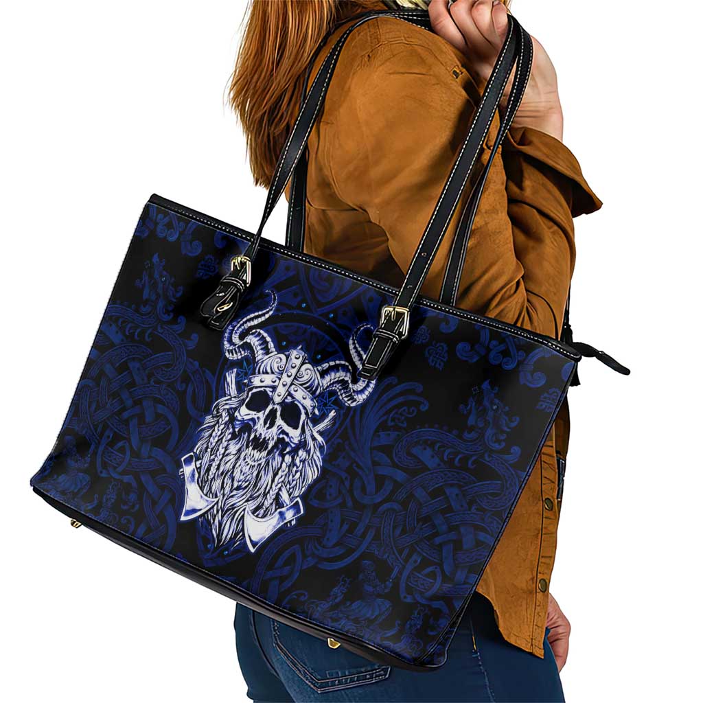 Vikings Skull Leather Tote Bag with Horned Helmet, Blue Axes and Runes Norse Warrior Tribute - Wonder Print Shop