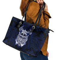Vikings Skull Leather Tote Bag with Horned Helmet, Blue Axes and Runes Norse Warrior Tribute - Wonder Print Shop