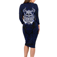 Vikings Skull Long Sleeve Bodycon Dress with Horned Helmet, Blue Axes and Runes Norse Warrior Tribute - Wonder Print Shop