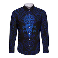 Vikings Skull Long Sleeve Button Shirt with Horned Helmet, Blue Axes and Runes Norse Warrior Tribute - Wonder Print Shop